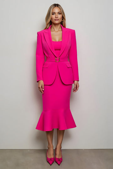Robe de travail 2 pièces sirène à revers en pointe fuchsia avec ceinture